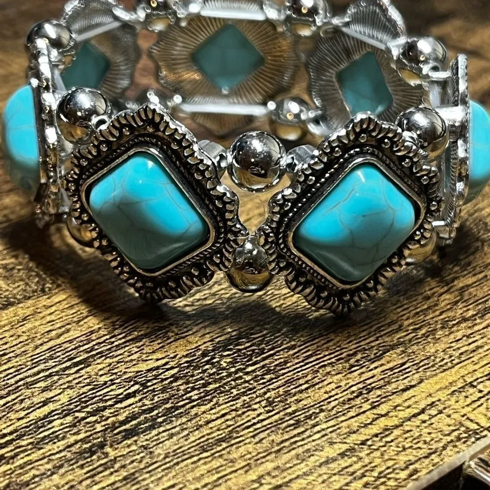 Bead Decor Vintage Fake Turquoise Stone‎ Zinc Alloy Bracelet
